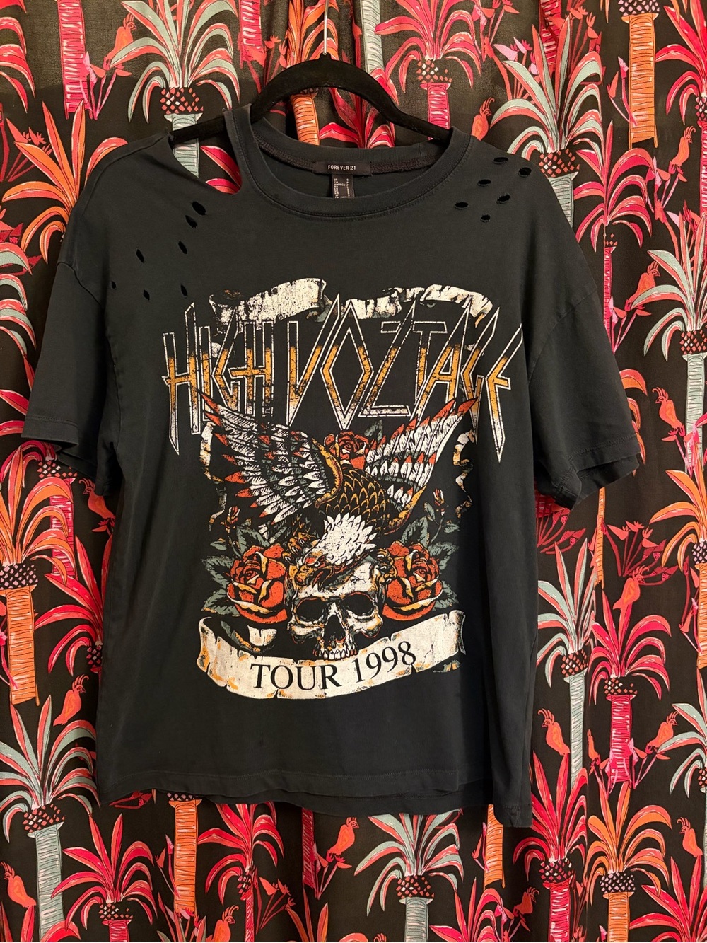 Forever 21 Black Graphic Band Tee with Red & White Accents